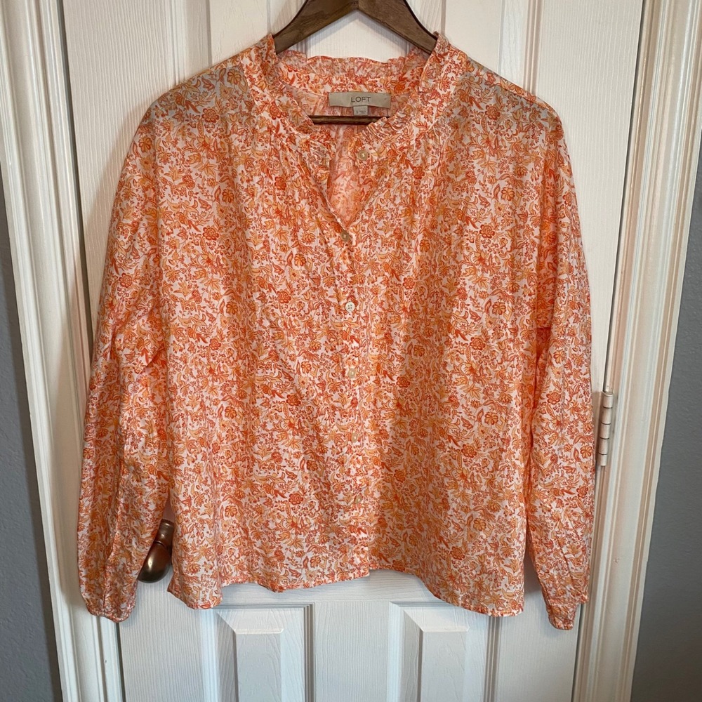 LOFT Blouse Small Orange Floral Cotton Button Front Ruffle Neck Cottagecore Boho